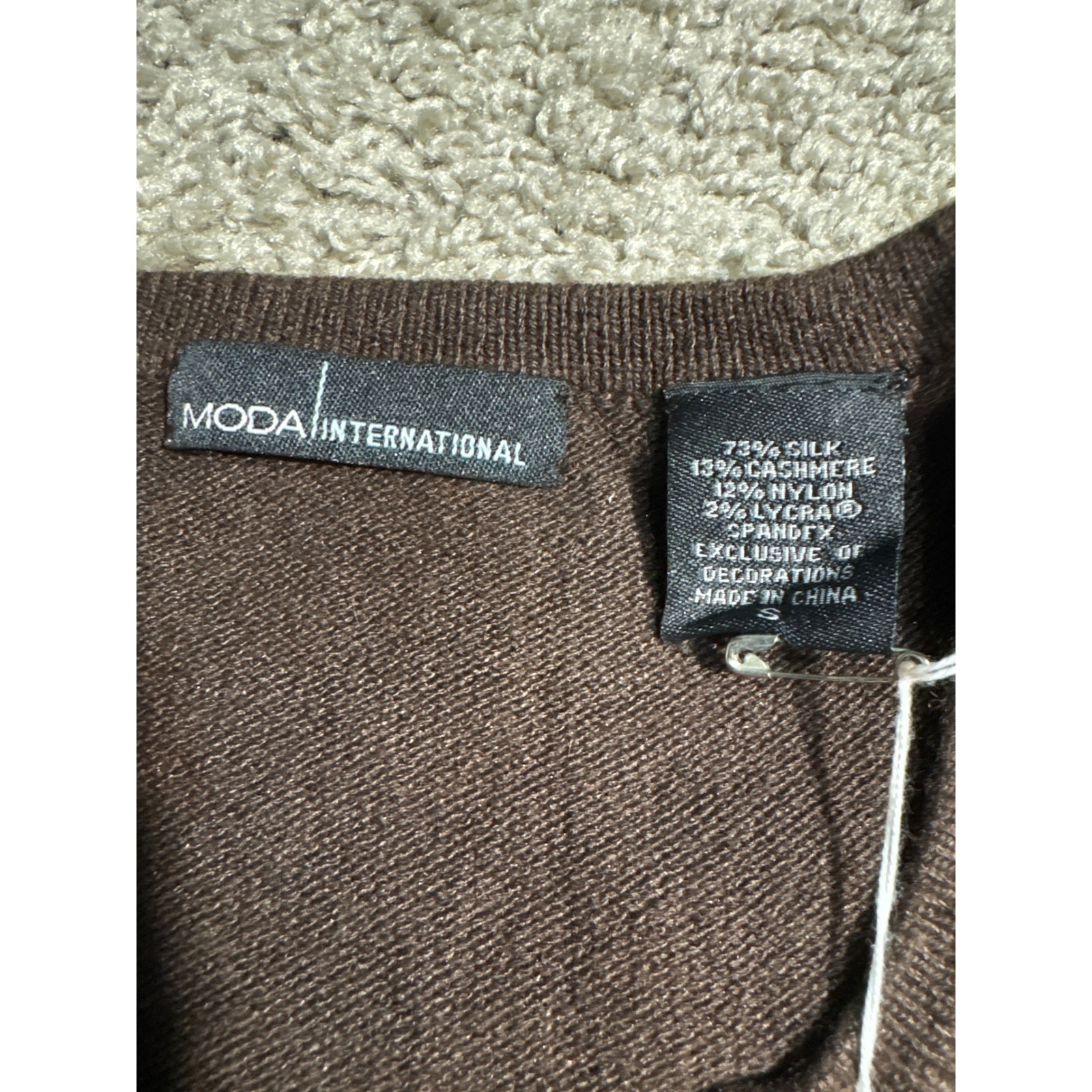 Moda International Silk Cashmere Blend Brown Rhinestone Cardigan Sweater Small — image 2 of 7